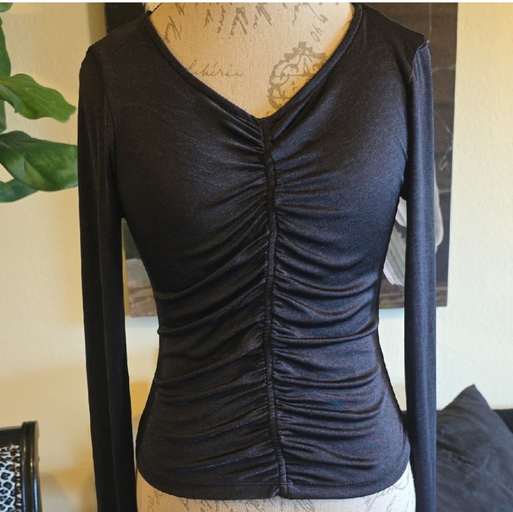 Anthropologie Flattering Black Ruched V-Neck Long Sleeve Goth Minimalist - Picture 2 of 7